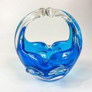 White Brand Art Glass Hand Blown Blue Glass Basket